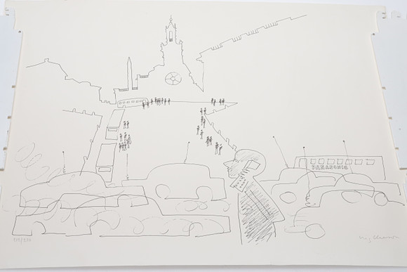 STIG CLAESSON. Drawing 北欧　スウェーデン　ドローイング STIG CLAESSON (SLAS). Stockholm motif, color lithograph, signed