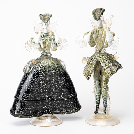 FIGURINER, 2 st, man och kvinna, glas, en etikettmärkt, Murano, Italien, 1900-talets andra hälft.