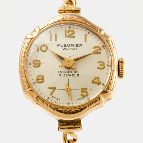 FLEURIER Watch (Swiss Made), boett i 14 k guld, ca 20-22 mm, länk i 18 k guld, Vicenza Italien, omkring 1900-t på auktion hos Stockholms Auktionsverk Sickla