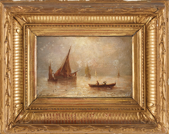 OIDENTIFIERAD KONSTNÄR. 2 st, marinmotiv med skepp, 1800-tal, otydligt signerade, olja på pannå. på auktion hos Stockholms Auktionsverk Magasin 5