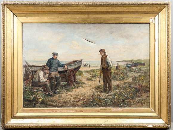 ANGEL DE LA CRUZ. OIL CANVAS. FISHERMEN ON THE BEACH. Art
