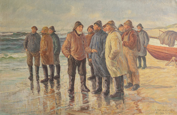 ANGEL DE LA CRUZ. OIL CANVAS. FISHERMEN ON THE BEACH. Art