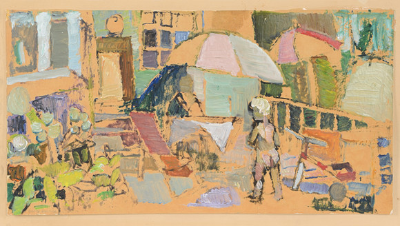 DORIS HENNIX. "Terrassen", olja på pannå, signerad.