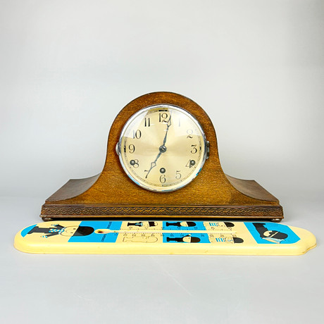 A VICTORIAN WALNUT CASED MANTEL CLOCK, BY JACOB EAMES, AND AN OAK