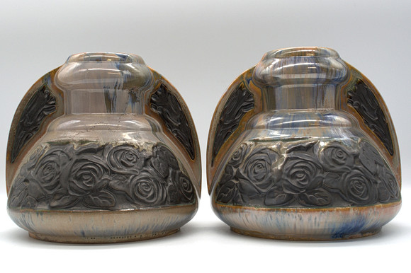 CLIVE BROOKER, TWO BRUTALIST STUDIO POTTERY VASES AND A SHALLOW