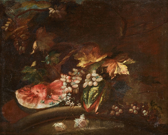 VENETIAN SCHOOL, CA. 1720. Still life with a watermelon and grapevines on a column.