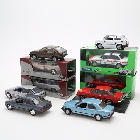 MODELLBILAR, 10 st, bland annat Mercedes-Benz 190 E, Opel Kadett D, Opel Ascona med mera., såld på svensk auktion för 400 kr