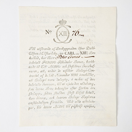 SÄLLSYNT AKTIEBREV - KARL XIII:S BROBOLAG, 1818, KARL XIII:S BRO ÄLVKARLEBY. på auktion hos Stockholms Auktionsverk Magasin 5