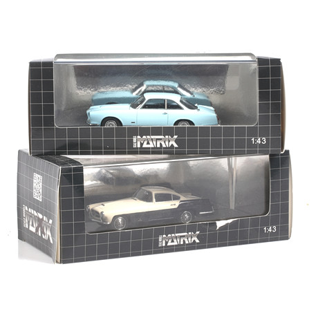 MODELLBILAR, 2 st, metall/resin. Bl.a. Ghia Jaguar XK 140 Coupé, Matrix Models, skala 1:43.