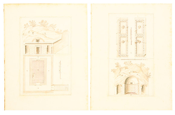 PALLADIO. EFTER. "Study of a tomb", omkring 1680, två stycken. på auktion hos Uppsala Auktionskammare