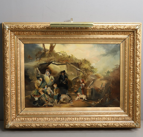 OIDENTIFIERAD KONSTNÄR. Olja på pannå, "Figurscen", signerad Henricson. på auktion hos Örebro Stadsauktioner
