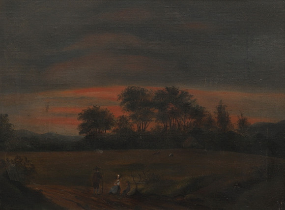 OKÄND KONSTNÄR. Olja på duk, landskap i solnedgång, ingen synlig signatur, 1800-tal. på auktion hos Ekenbergs Auktioner