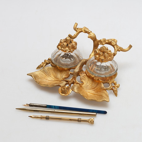 SKRIVSTÄLL, förgylld metall, glas, jugend, 1900-tal.
