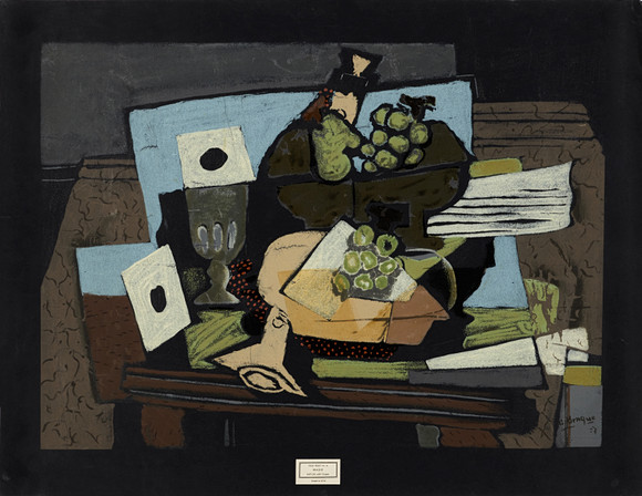 GEORGES BRAQUE (1862-1963), EFTER. "Still Life with Grapes and Clarinet", färgserigrafi, omkring 1900-talets m på auktion hos Crafoord Auktioner Stockholm