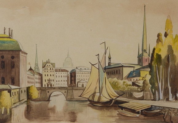 EINAR NORELIUS. Utsikt över Gamla Stan, akvarell på papper. signerad, daterad 1928. på auktion hos Formstad Auktioner