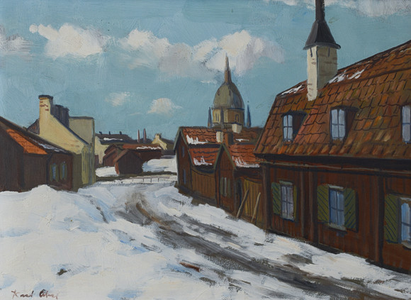 KARL ABEL ANDERSSON. Södermalm, olja på pannå, signerad. på auktion hos Formstad Auktioner