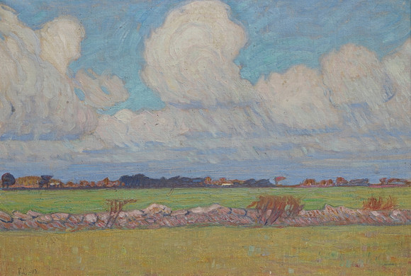 FRITZ LINDSTRÖM. Olja på pannå, "Slätten i trakten av Väsby", signerad FL, daterad -17.