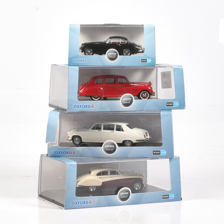 MODELLBILAR, 4 st, metall/resin. Bl.a. Jaguar XK 150, Oxford Models, skala 1:43.
