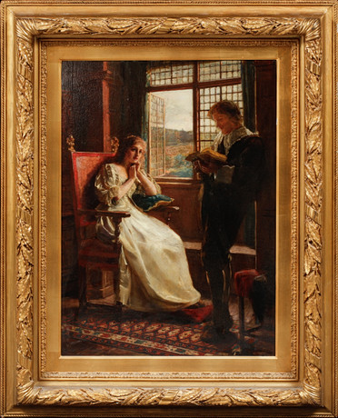 MARGARET ISABEL DICKSEE. Högläsning vid fönster, olja på pannå, 1800-talets slut. på auktion hos Göteborgs Auktionsverk