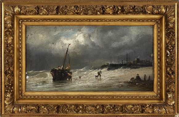ANGEL DE LA CRUZ. OIL CANVAS. FISHERMEN ON THE BEACH. Art