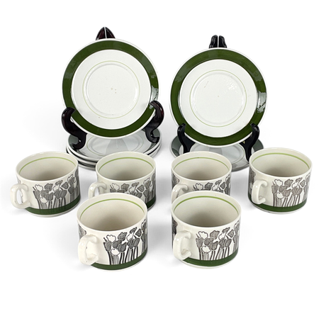 HELMER RINGSTRÖM. Kaffekoppar med fat, 6 st, "Tulpan", flintgods, Gefle, 1970-tal.