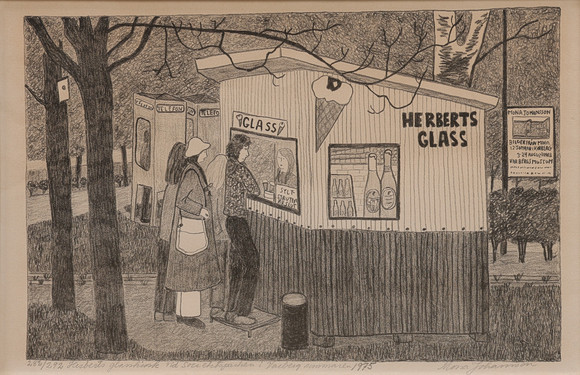 MONA JOHANSSON, litografi, " Herberts glass", Varberg, signerad och numrerad 282/292. 1975. på auktion hos Auktionsbyrån Varberg