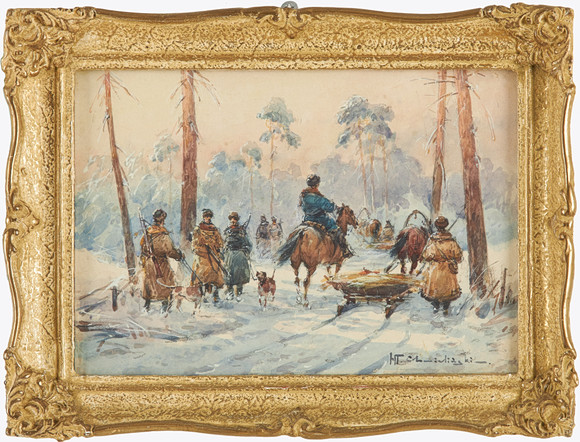 WLADYSLAW CHMIELINSKI (POLEN 1911-1979). Jägare i skogslandskap, akvarell, signerad. på auktion hos Stockholms Auktionsverk Sickla