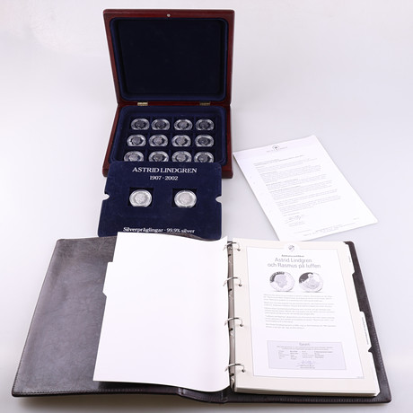 MYNT, silver, 14 st, Astrid Lindgren med certifikat., såld på svensk auktion för 6 000 kr