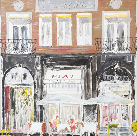 FLEMMING HANSEN. Restaurang Fiat Köpenhamn", olja på duk., såld på svensk auktion för 60 kr