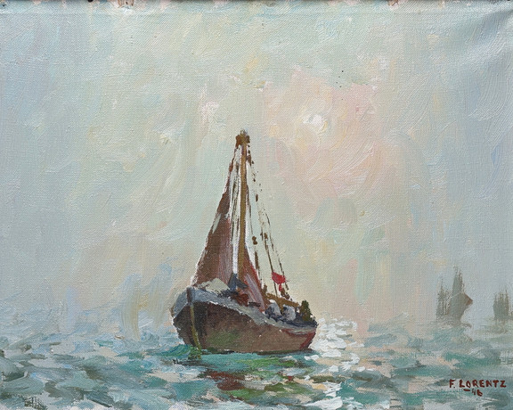 FRANS LORENTZ. Olja på duk, skepp på öppet hav, signerad F. Lorentz, daterad -46.