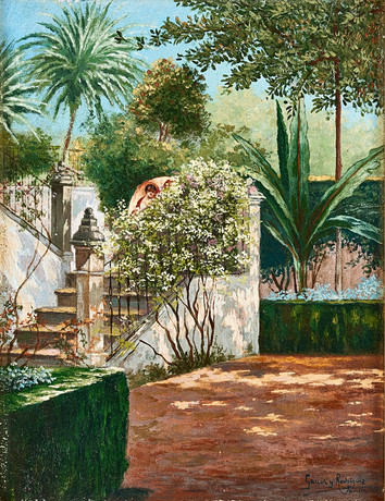 MANUEL GARCIA Y RODRIGUEZ (1863-19*25). Spanskt innergårdsmotiv, Patio de Sevilla, olja på pannå. på auktion hos Stockholms Auktionsverk Magasin 5
