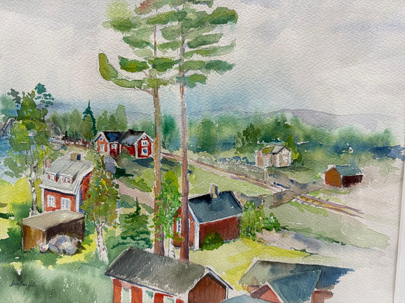 ANNMARI LIDE. AKVARELl, Bymiljö, Dalasågen, signerad. på auktion hos TOKA Auktionshus