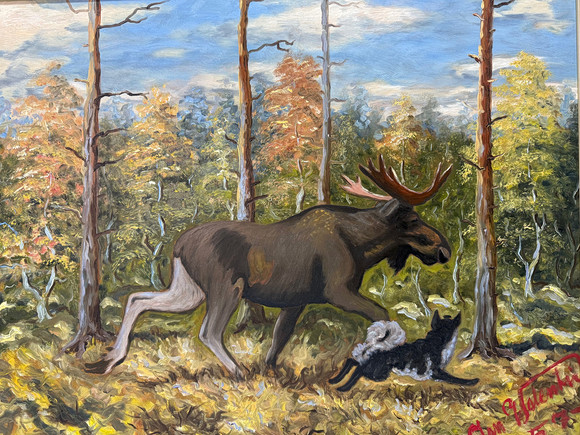 JAN WALENTIN. OLJA PÅ DUK, Älg och hund, signerad och daterad 57. på auktion hos TOKA Auktionshus