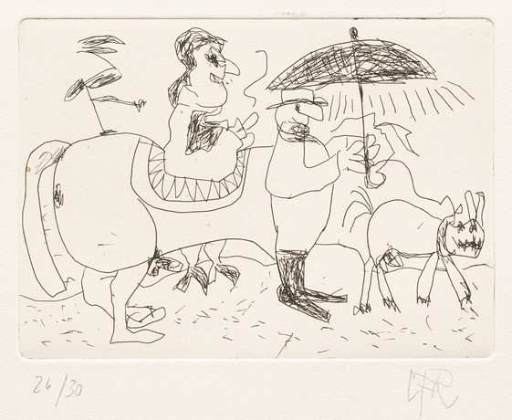 CARL FREDRIK REUTERSWÄRD. Man med paraply vid häst och hund etsning nr 26/30, signerad., såld på svensk auktion för 50 kr