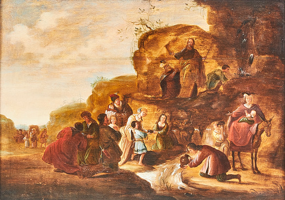 JACOB DE WET (I) (HAARLEM 1610-1677/1691 KEULEN). Hans krets. Moses slår vatten ur klippan. på auktion hos Stockholms Auktionsverk Magasin 5
