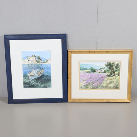 D. SUTHERLAND (20TH CENTURY). LAVENDER FIELD; LOADING IN THE CATCH, MEDITERRANEAN HARBOUR SCENE. (2).