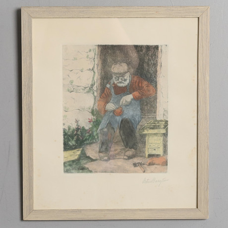 ARTUR BENGTSSON (1892-1970). Etsning, färglagd, "Skomakaren", signerad. på auktion hos Örebro Stadsauktioner