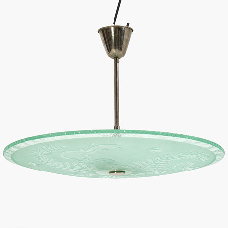 TAKLAMPA, plafond, Sverige, 1930-tal. förnicklat upphäng, skärm i frostat råglas med dekor av ödlor, ormbunkar på auktion hos Crafoord Auktioner Stockholm