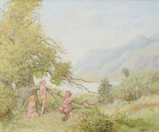ROBERT HÖGFELDT. Faun och kvinnor i bergslandskap, "Arkadien", olja på pannå, signerad. på auktion hos Formstad Auktioner