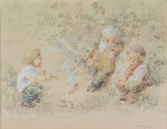 ROBERT HÖGFELDT. "Korvgrillning", akvarell, signerad. på auktion hos Formstad Auktioner