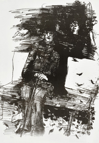 STAFFAN HALLSTRÖM (1914-1976). "Mannen på bänken", 1976, intygad a tergo, numrerad 71/72, litografi. på auktion hos Crafoord Auktioner Stockholm