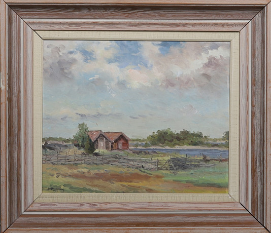 ROLF HELLSTRÖM. "Gamla sjöboden - Arkö", olja på pannå, signerad. på auktion hos Gomér & Andersson Norrköping