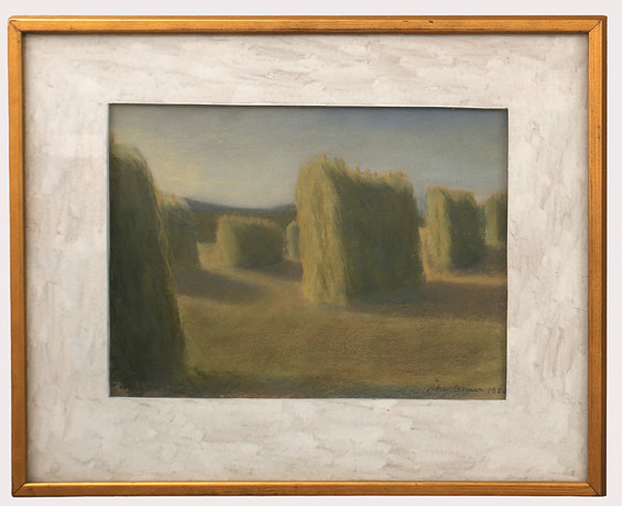 ÅKE OLIVER. Pastell ,linhässjor med hö, signerad, daterad 1952. på auktion hos Limhamns Auktionsbyrå