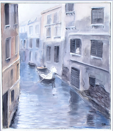 OLLE AGNELL. oljemålning på duk, Liten kanal, Venedig. på auktion hos Halmstads Auktionskammare