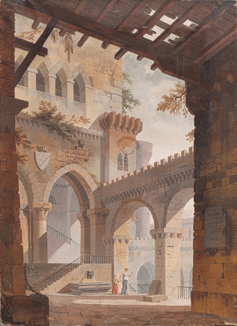 PIERRE DRAHONET 1766-1817. GOUACHE PÅ PAPPER, ROMANTISK BORGRUIN, SIGNERAD OCH DATERAD 1806. på auktion hos Crafoord Auktioner Lund
