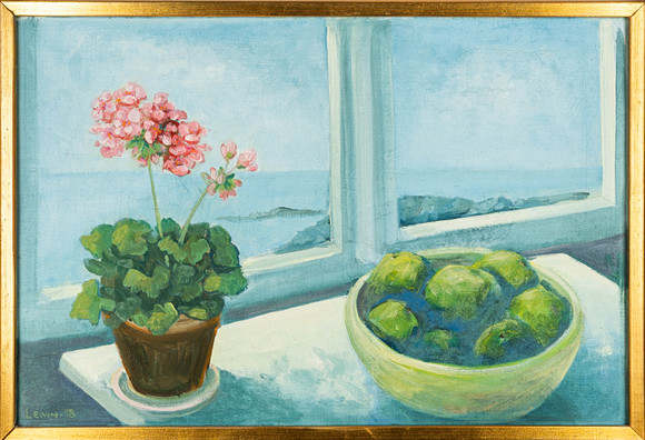 GÖSTA LEWIN. Olja på duk, Stilleben med blomma och frukt, Signerad, 1998. på auktion hos Norrlands Auktionsverk