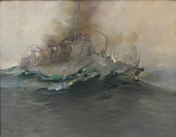 ARVID JOHANSSON (1862-1923). Krigsfartyg till havs, olja på duk, signerad. på auktion hos Crafoord Auktioner Malmö
