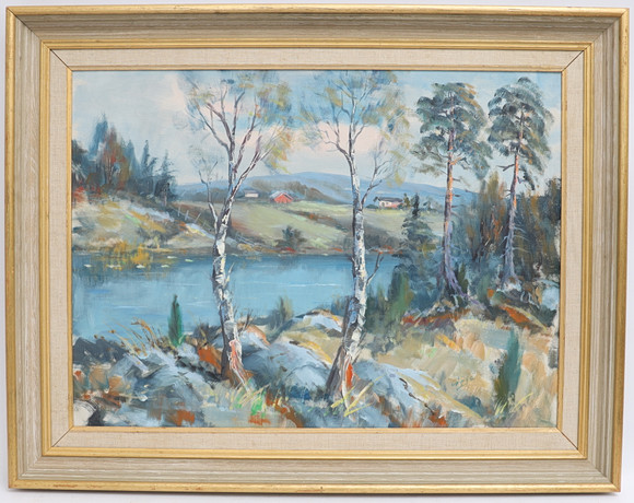 OIDENTIFIERAD KONSTNÄR. Landskap med vattendrag, oljemålning på duk, signerad Göte. på auktion hos Falun Auktionsbyrå
