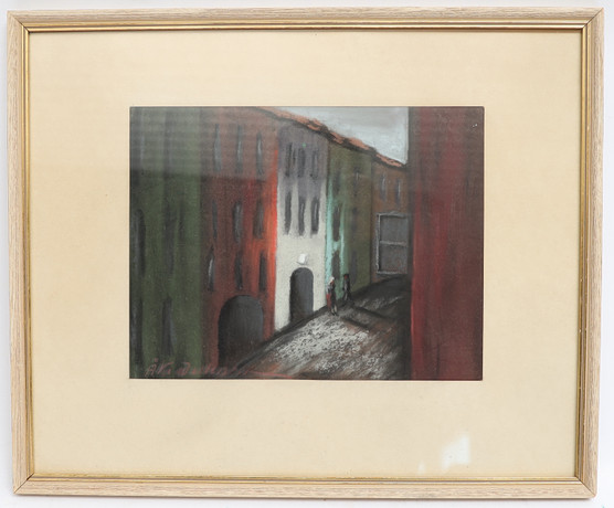 OIDENTIFIERAD KONSTNÄR. Stadsbild med figurer, pastell, signerad. på auktion hos Falun Auktionsbyrå