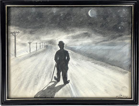 OID KONSTNÄR, teckning med motiv av Charlie Chaplin, signerad och daterad 89. på auktion hos Roslagens Auktionsverk